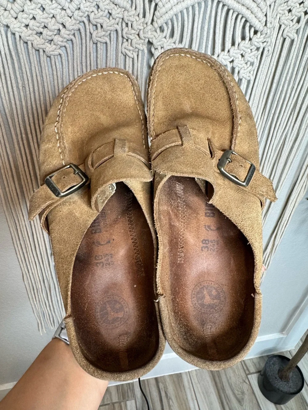 Birkenstock Suede Slip-On Clog in Tan Brown with Buckle